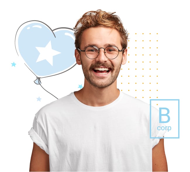 A happy man with the B-corp logo